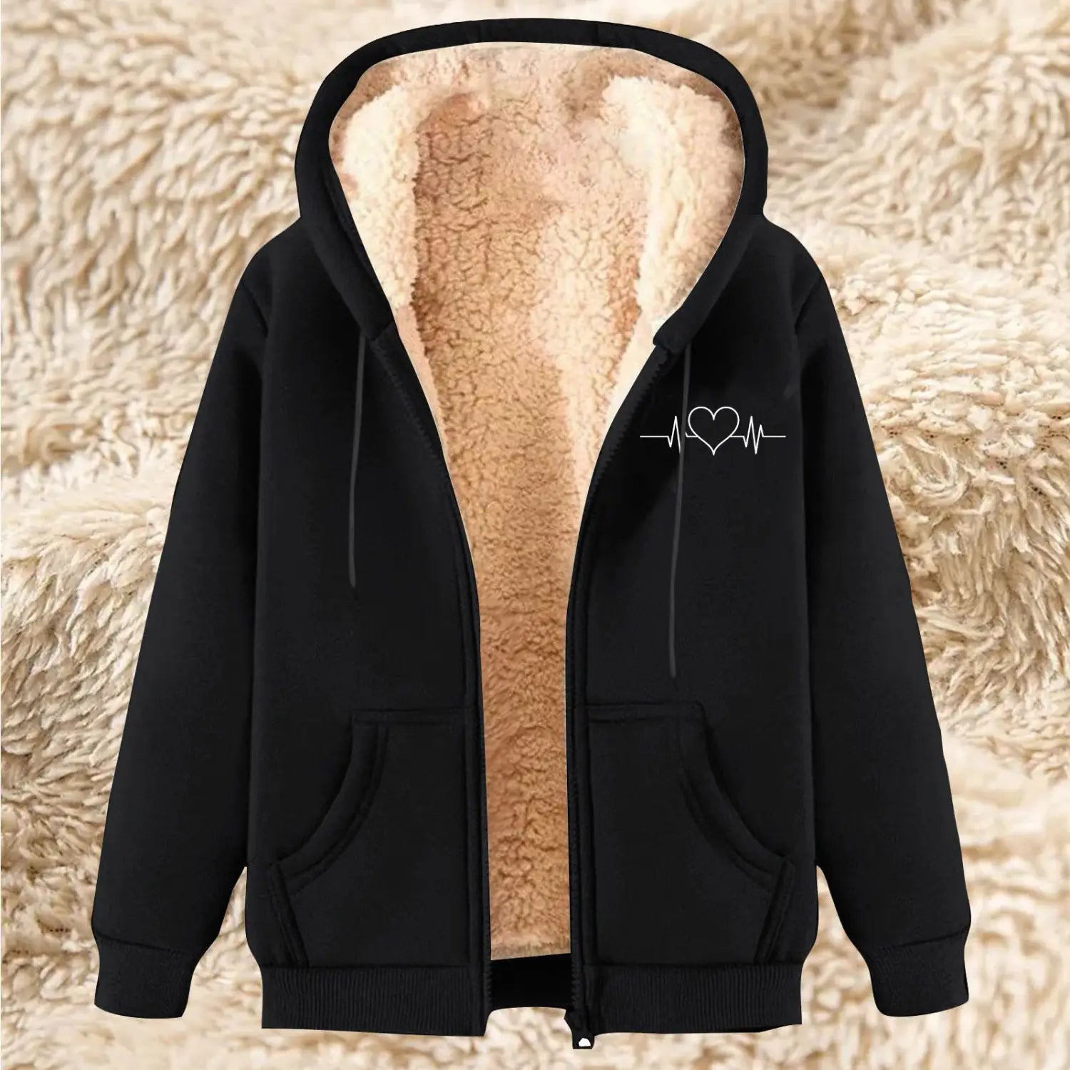 Black men’s zip-up hoodie with plush beige sherpa lining and white heart-shaped heartbeat design on the left chest ideal for winter fleece.