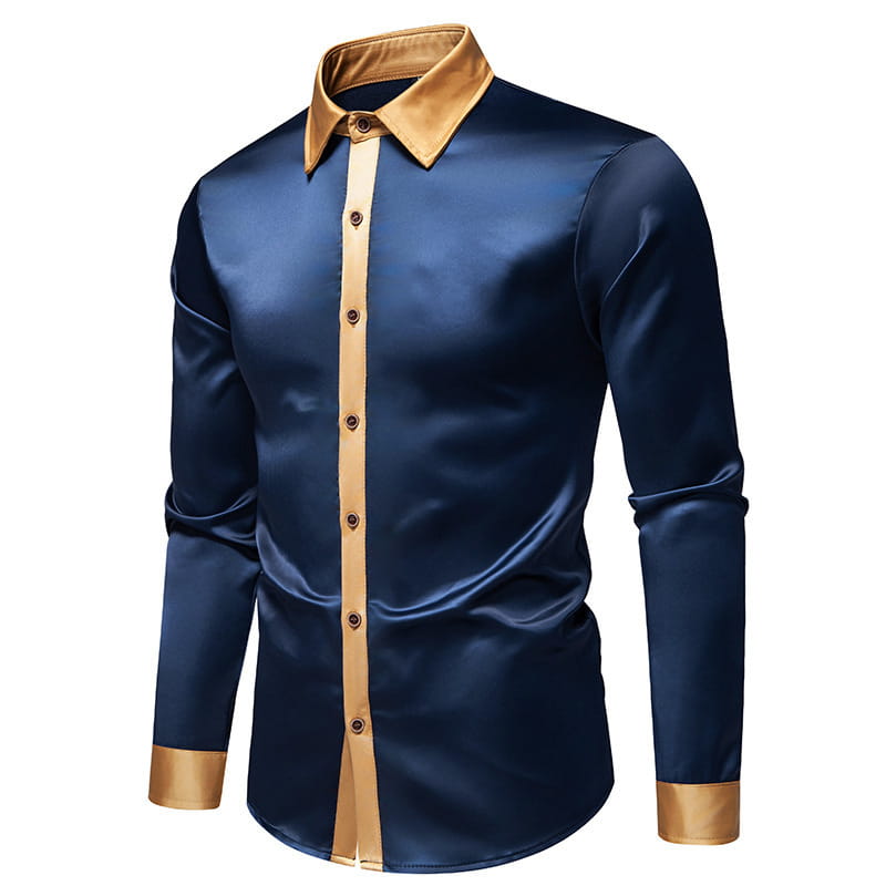 Una elegante camisa de manga larga colorblock de satén azul marino con acentos en tono dorado en la tapeta del cuello y los puños.
