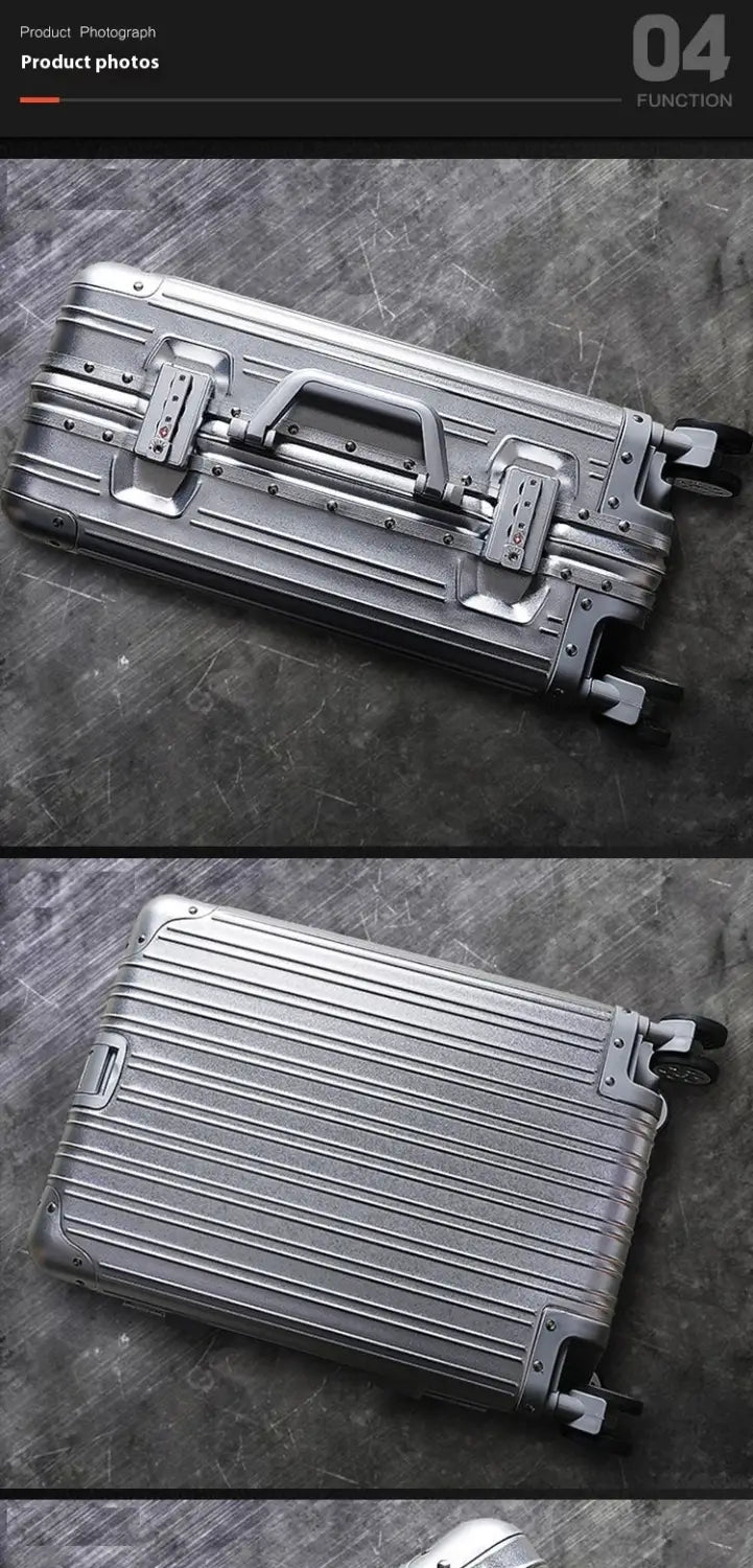 Silver aluminum magnesium luggage hardshell spinner suitcase with ribbed texture and reinforced corners