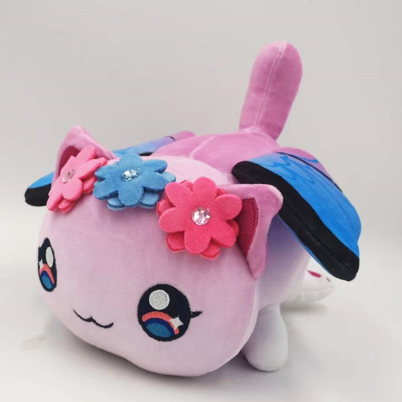 Pink plush cat stuffed animal toy for kids 25cm featuring blue and pink fabric flowers on its head with embroidered eyes and soft velvety texture.