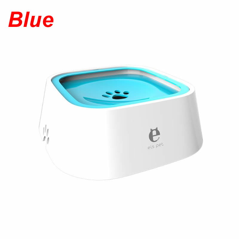 White and blue anti-splash pet water fountain with a paw print design on the lid and 1.5 liter capacity for pets.