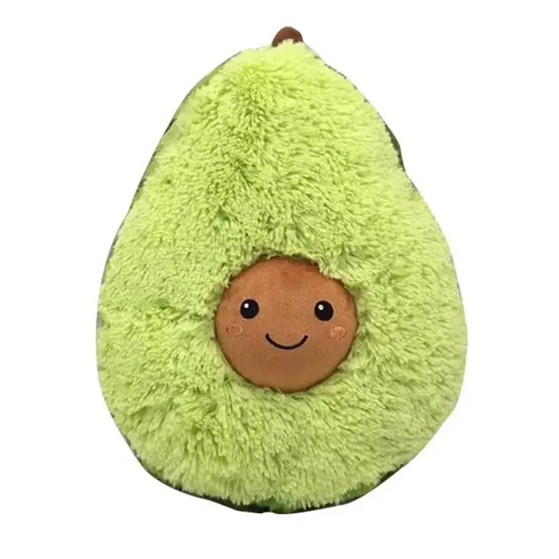 An avocado plush toy soft stuffed cartoon pillow with a fuzzy lime green exterior and a smiling brown face.
