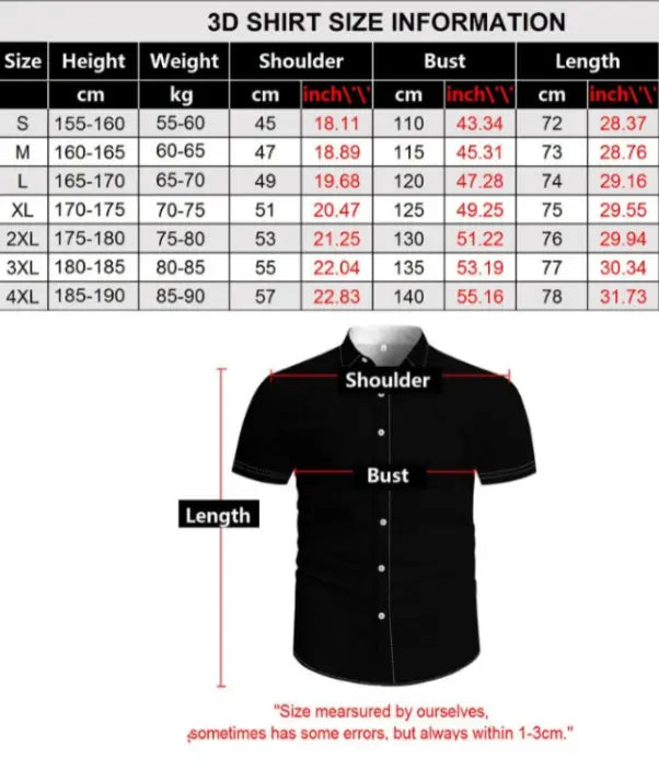 men’s black short-sleeved button-up shirt with collar and front buttons shown with size information chart for tropical print short sleeve shirt and shorts set