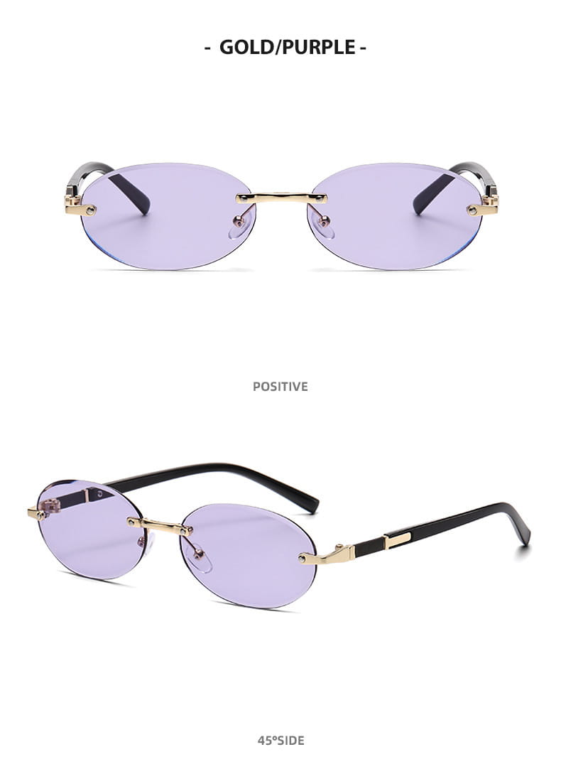 Frameless oval uv400 fashion sunglasses with gold and purple minimalist design and metal accents.
