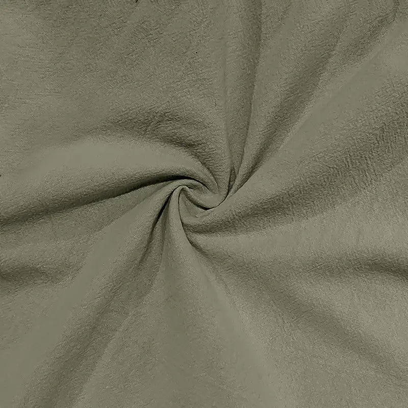 men linen cargo pants in soft muted olive-green suede fabric with drawstring and cuffed ankle details