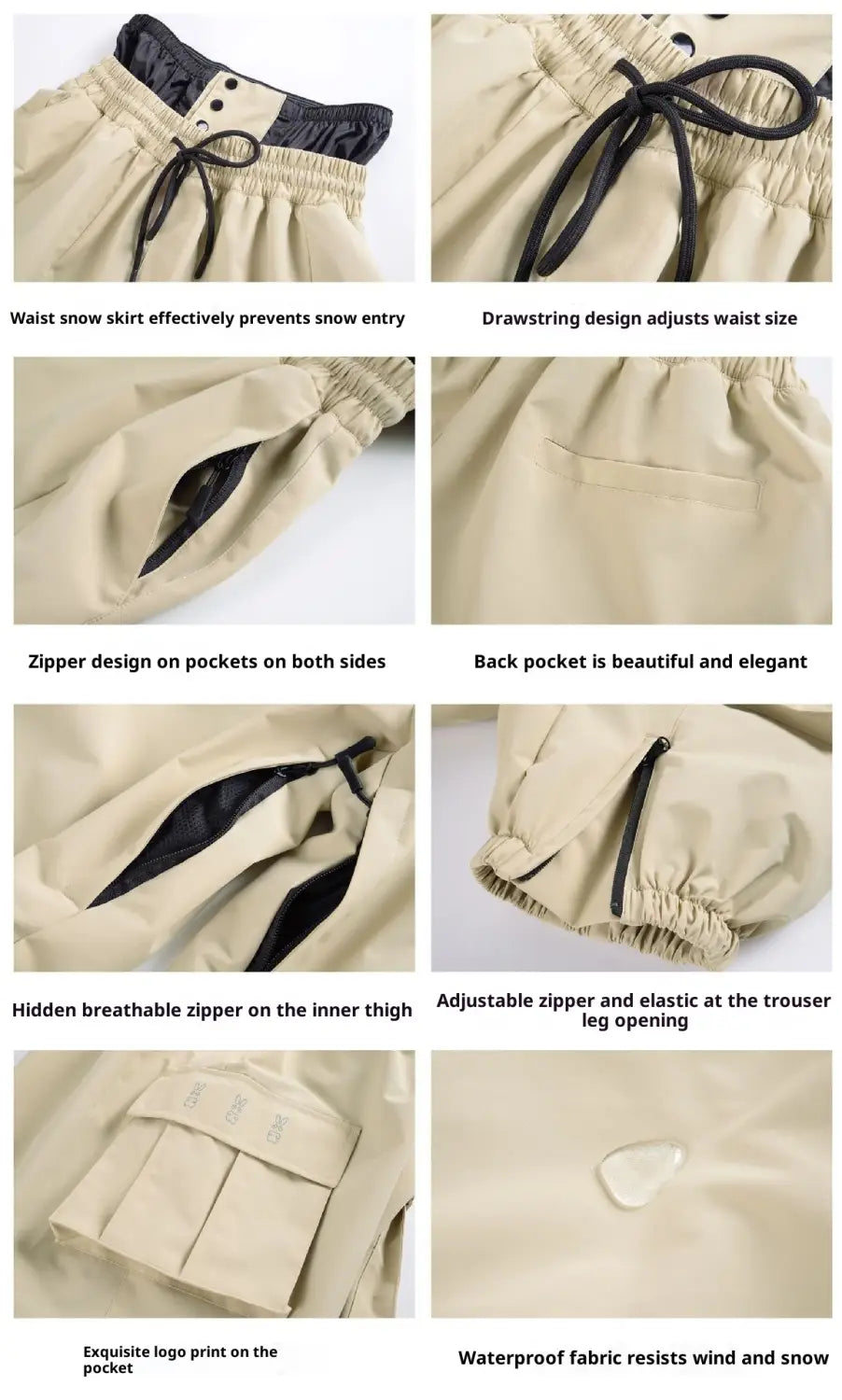 winter outdoor loose ski pants in beige waterproof fabric with black drawstring waistband and elastic leg openings