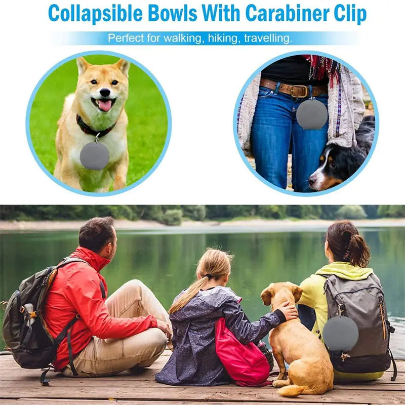 gray collapsible dog bowl made of double silicone with carabiner clip designed for outdoor activities like walking and hiking