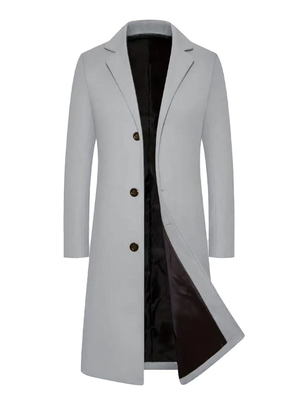 A sleek light gray woolen trench coat above the knee with a classic notched collar and three dark brass buttons.