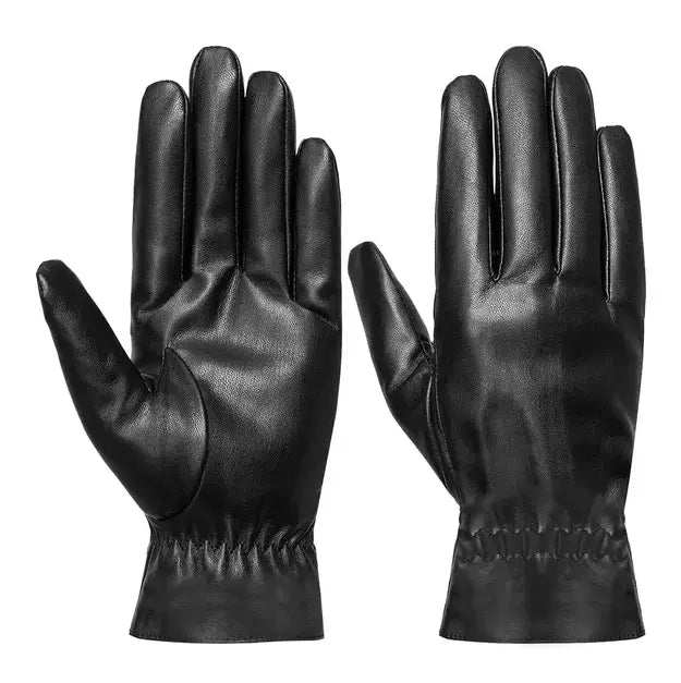 Schwarze Leder-Windschutz-Winterhandschuhe mit glatter glänzender Oberfläche und elastischen Bündchen, geeignet für den warmen Einsatz beim Fahren, von der Rückseite dargestellt