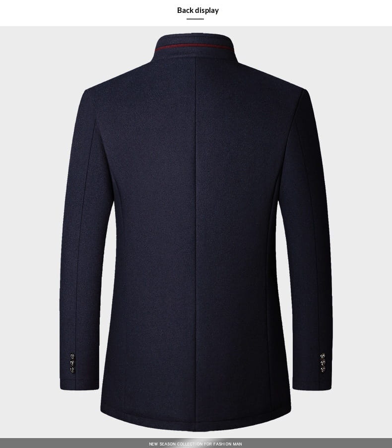Black tailored blazer with stand-up collar and subtle red trim along inner neckline made of wool for mens casual wear.
