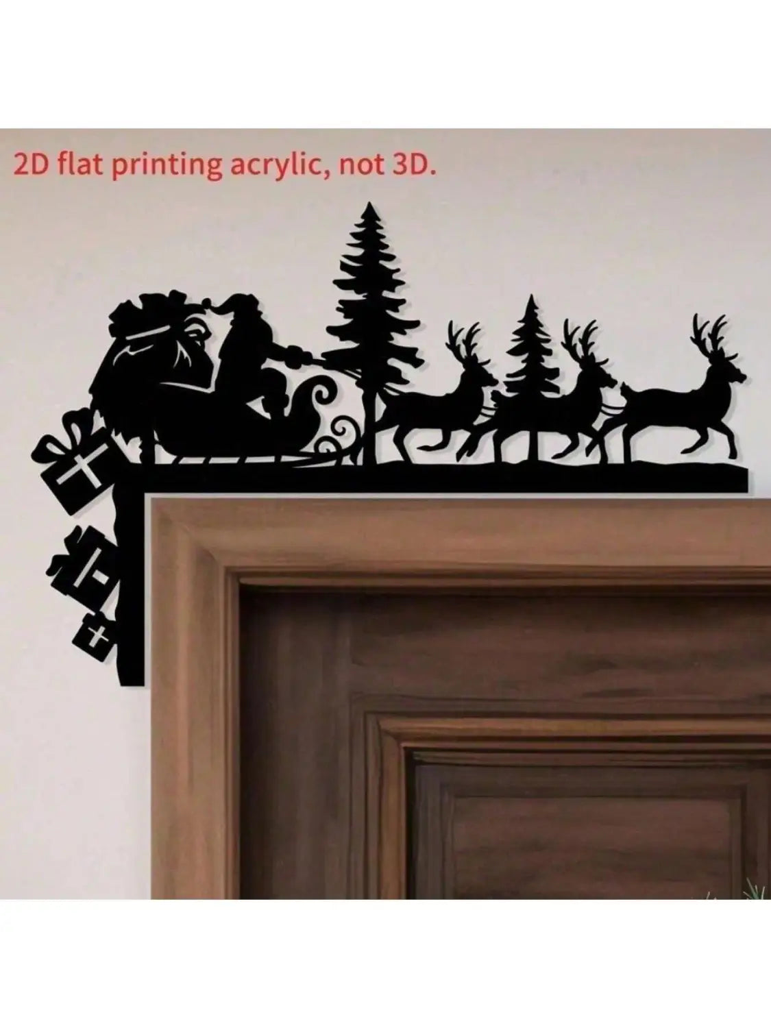 Décoration murale de Noël en acrylique noir du traîneau du Père Noël, présentant le Père Noël dans un traîneau tiré par des rennes, avec des sapins et des boîtes-cadeaux.