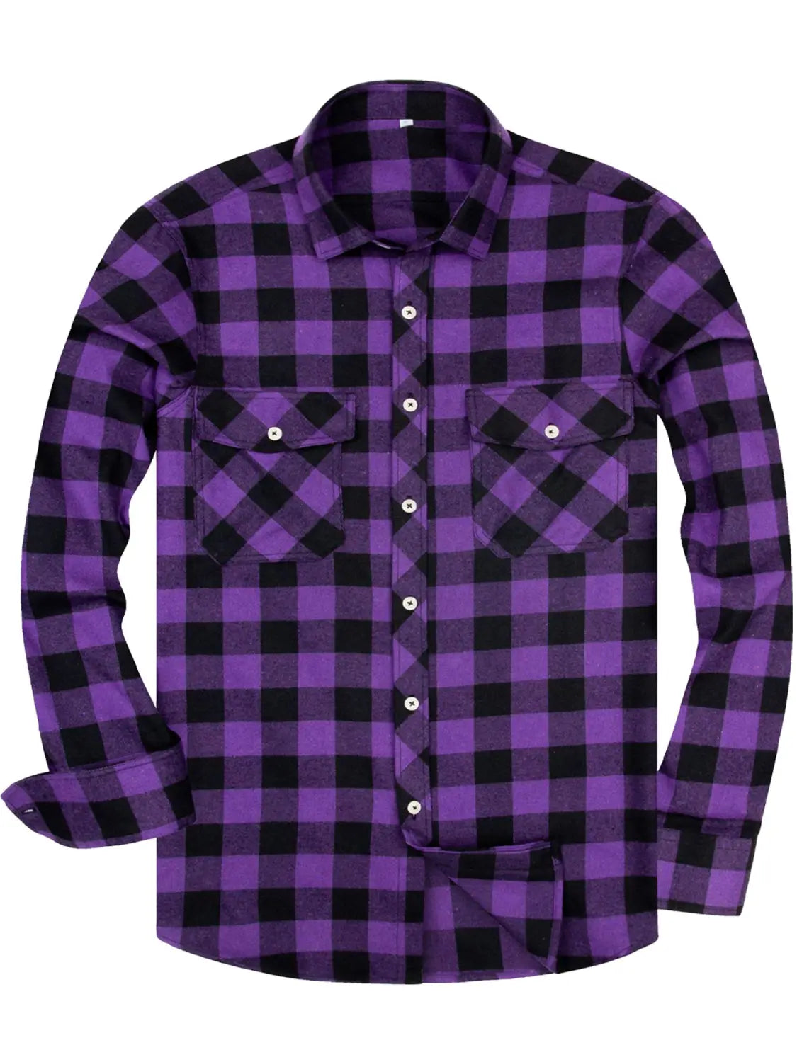 Men’s slim fit plaid flannel button up shirt in purple and black with buttoned chest pockets.