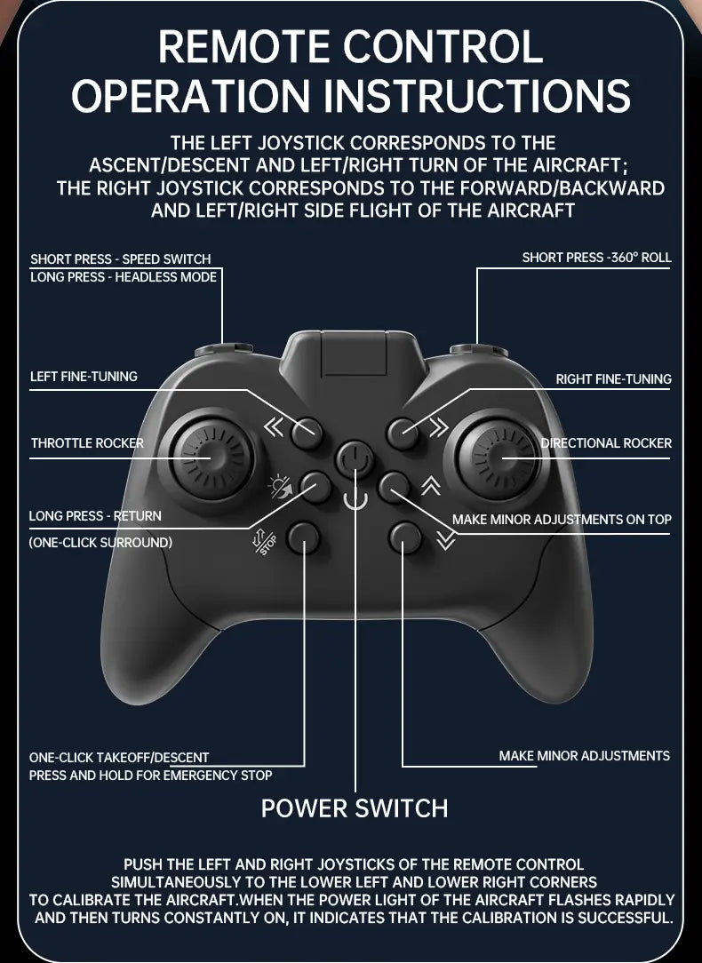 black plastic remote control with two joysticks and multiple labeled buttons for operating the Flying Sword Drone Gold Robot Battery kids toy.