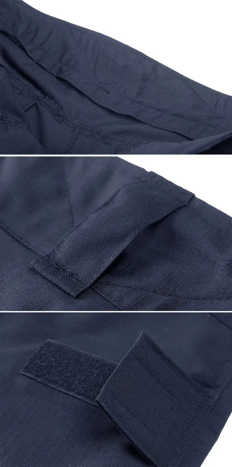 Black tactical camouflage cargo pants for men featuring reinforced stitching and velcro patches.