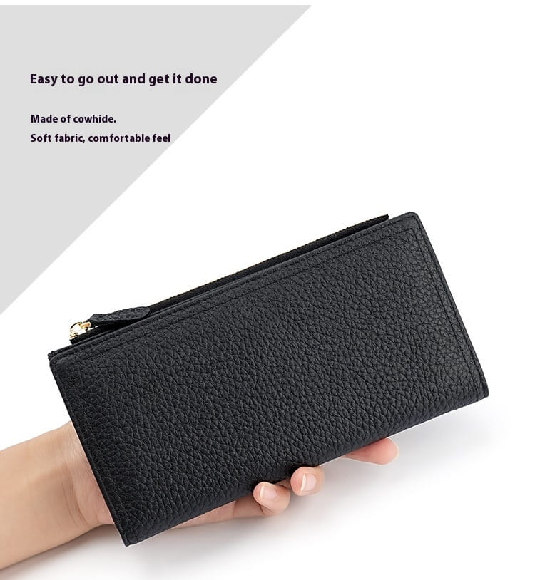 Black textured cowhide leather anti theft RFID long zip wallet with a gold-toned zipper pull