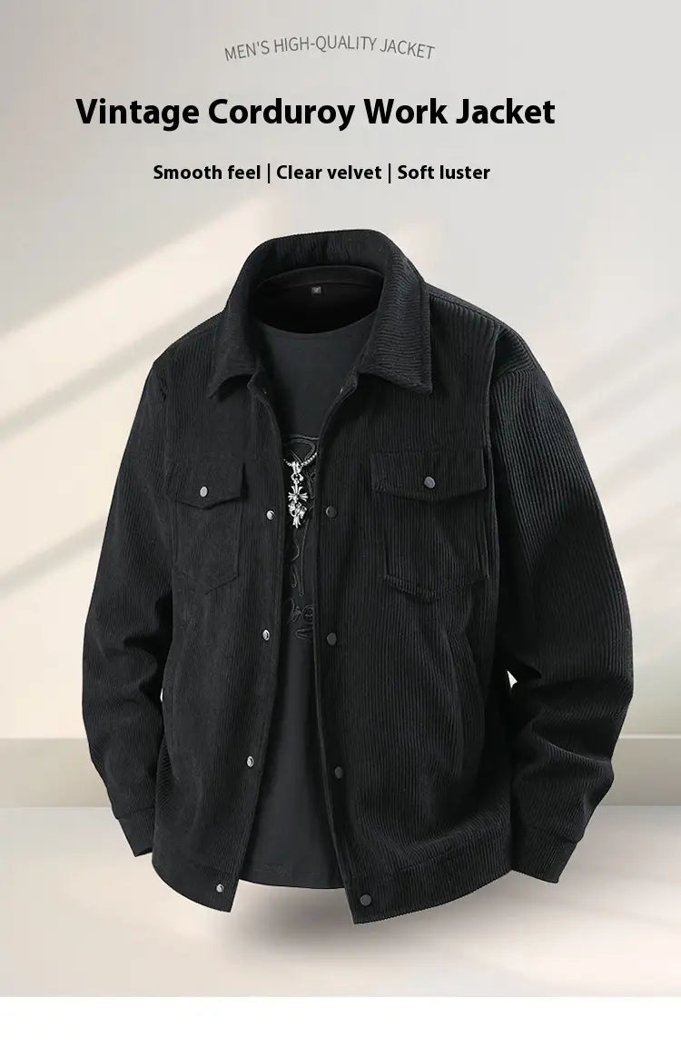 Herren-Cordjacke im Casual-Stil in schwarzem Vintage-Stoff mit klassischem Kragen und Knopfverschlüssen.