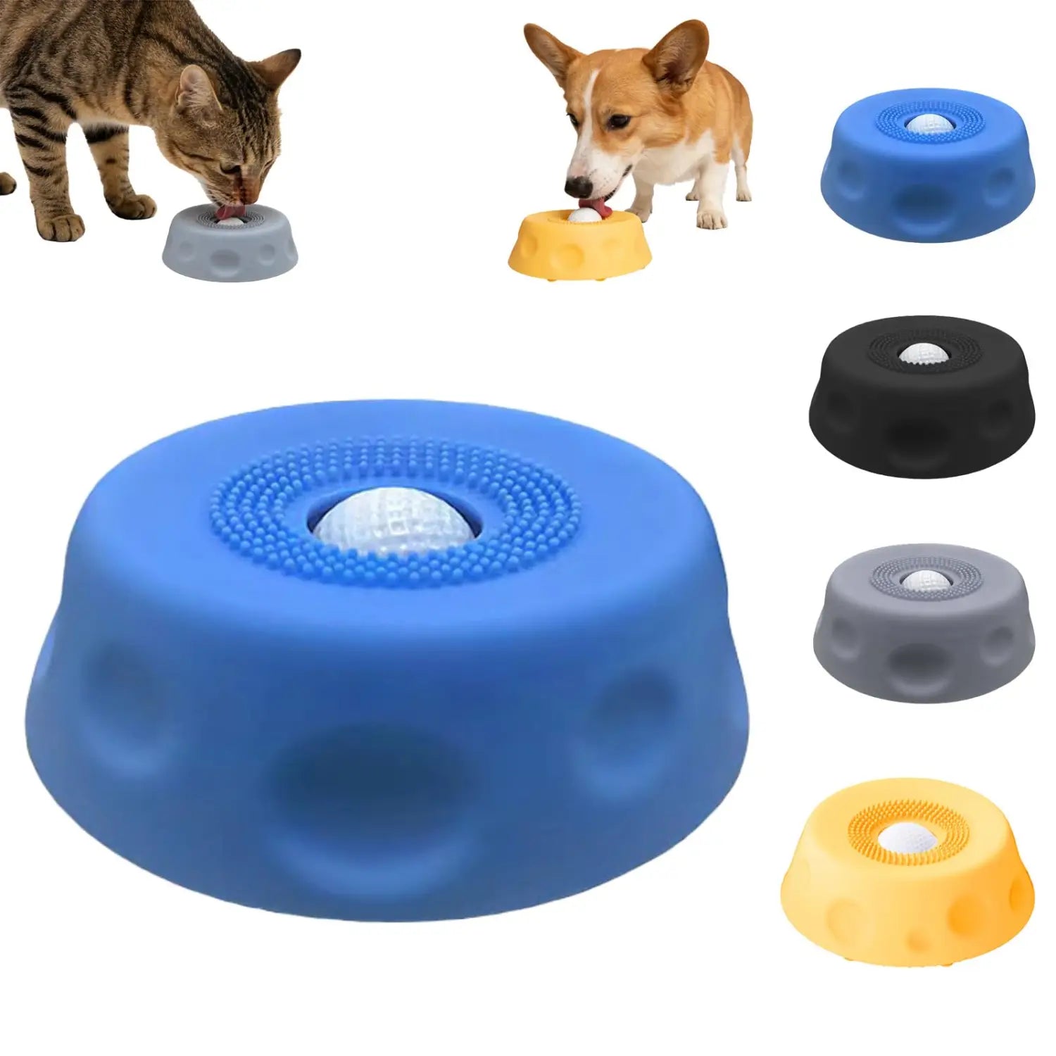 Blauer Silikon-Napf zum Lecken für Hunde mit strukturierter Oberfläche und zentraler rollender Kugel, ausgelegt als Slow-Feeder-Futterspender für Haustiere mit Leckfunktion.