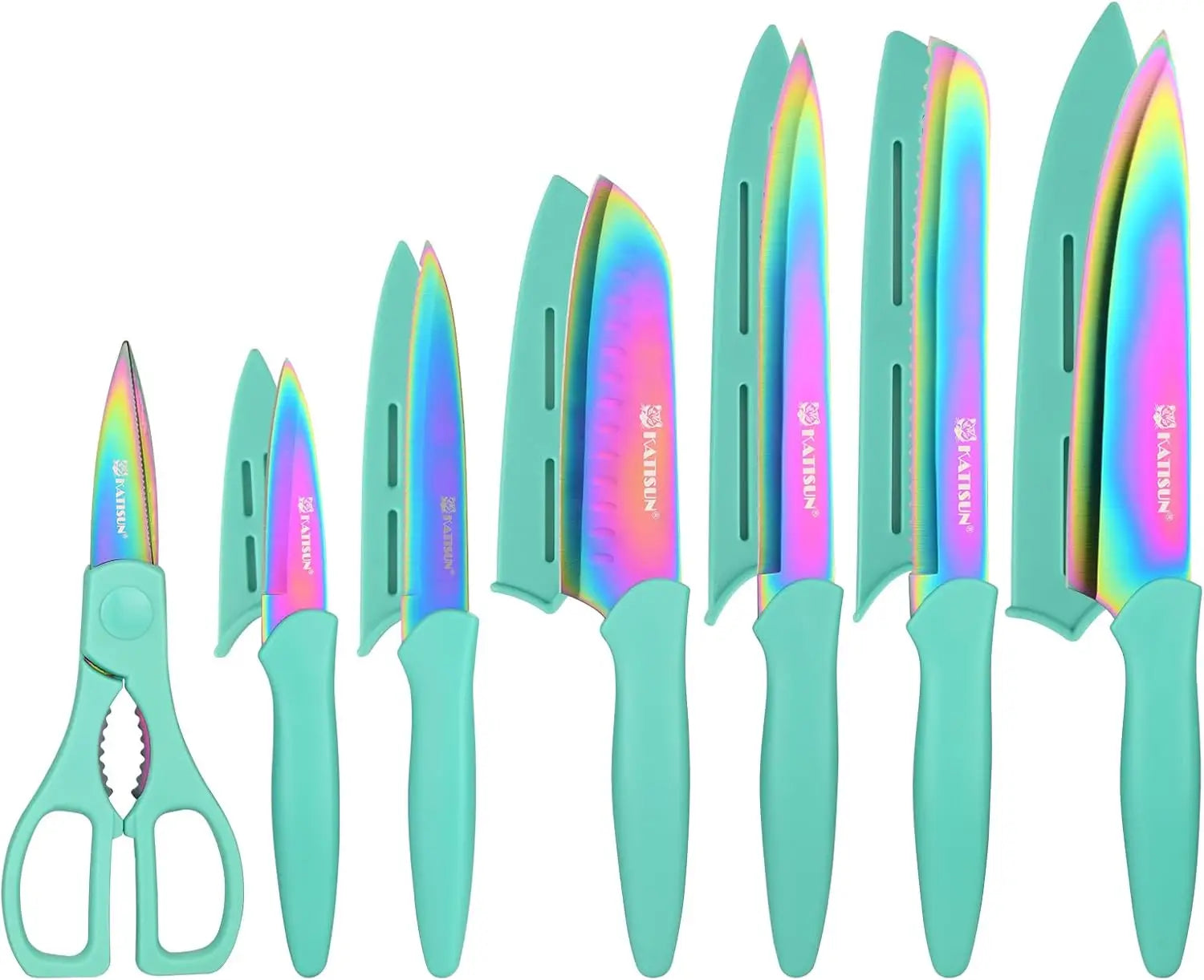 Set de cuchillos arcoíris de acero inoxidable azul de 13 piezas con hojas recubiertas de arcoíris y mangos color turquesa con fundas a juego, con marca fatishin.
