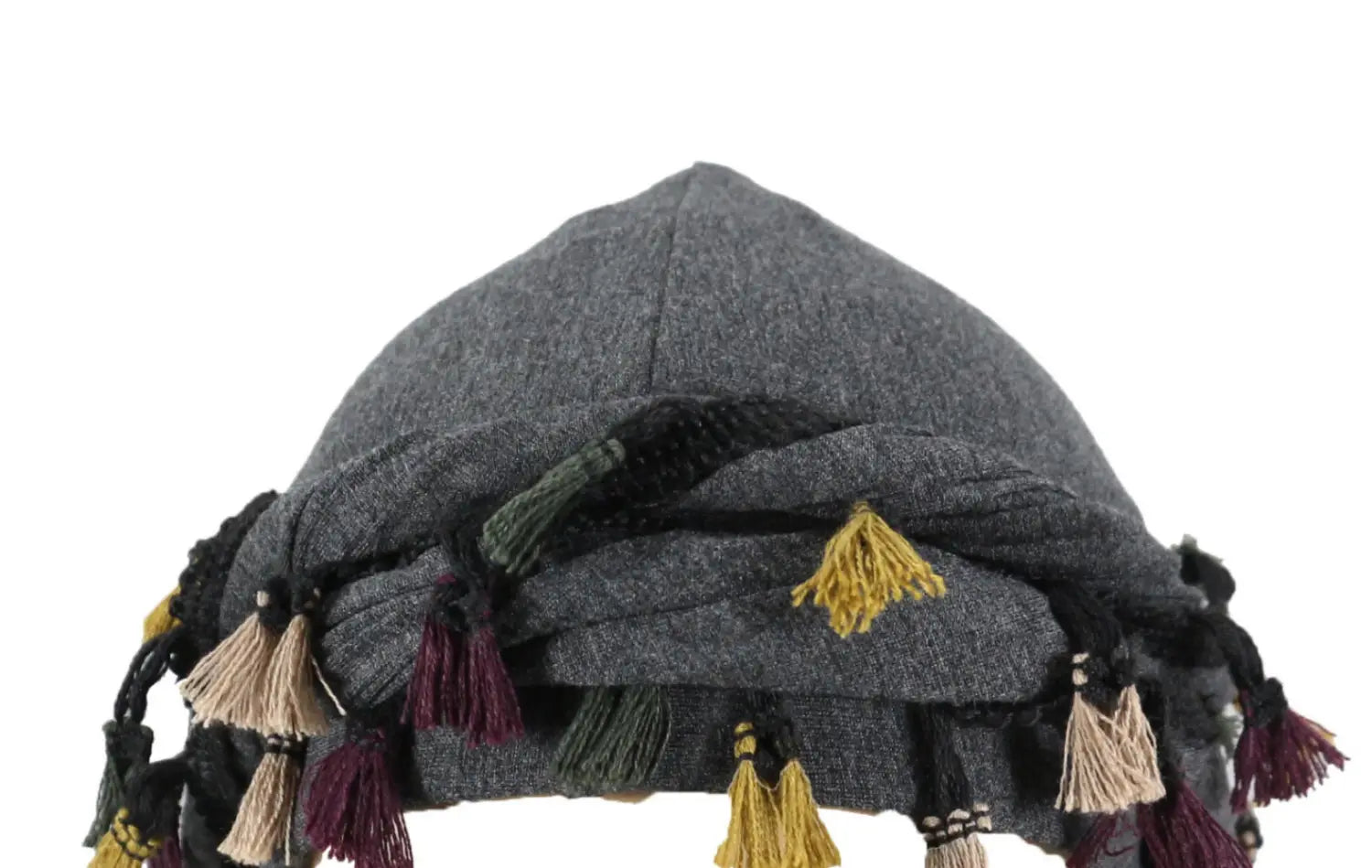 Gray woolen men satin lined beard twist cap with colorful tassels in yellow maroon and beige.