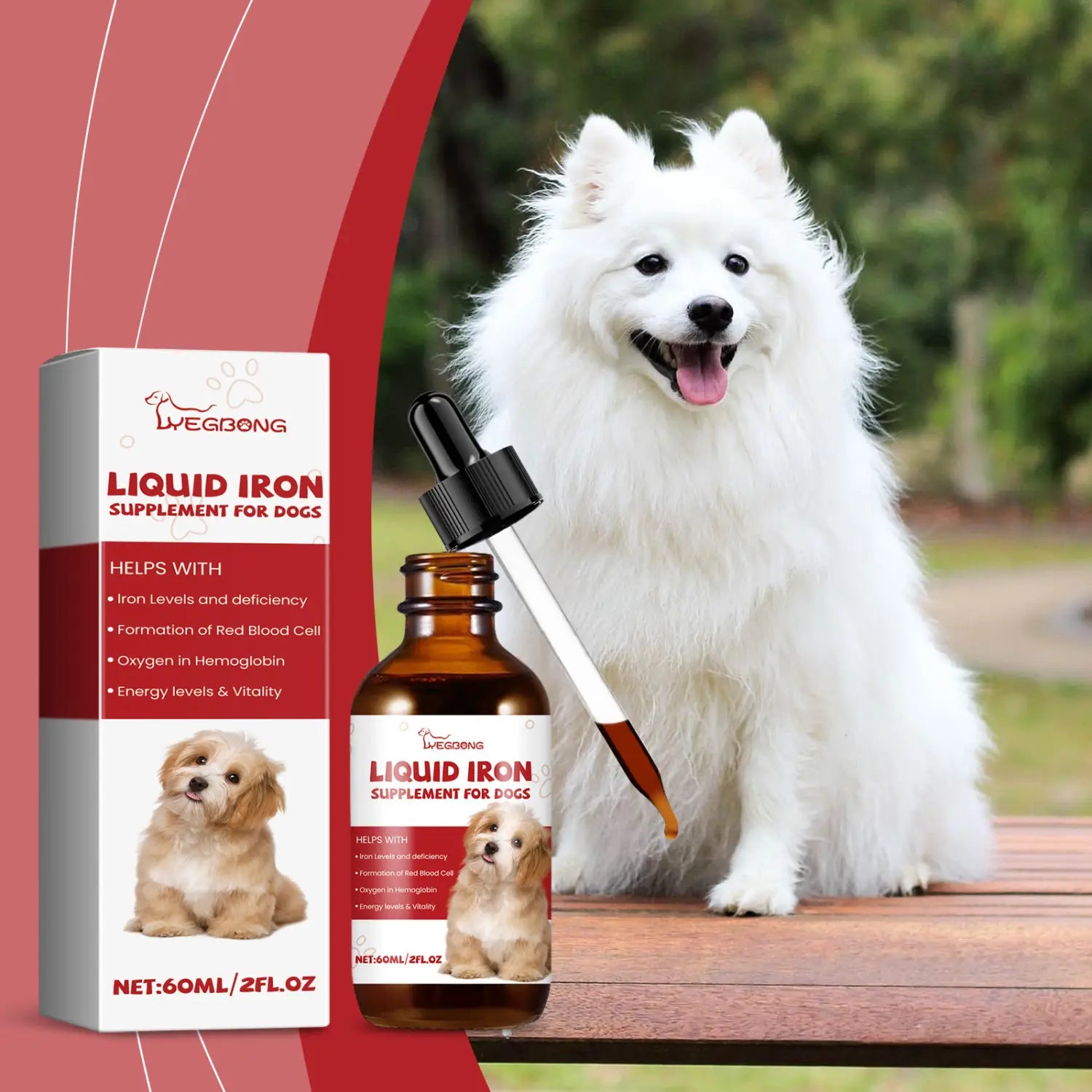 Bouteille en verre brun avec compte-gouttes noir et étiquette blanche affichant un complément de fer liquide Livegong pour chiens, dans un produit intitulé « complément de fer liquide pour chiens, extrait de menthe, 60 ml ».