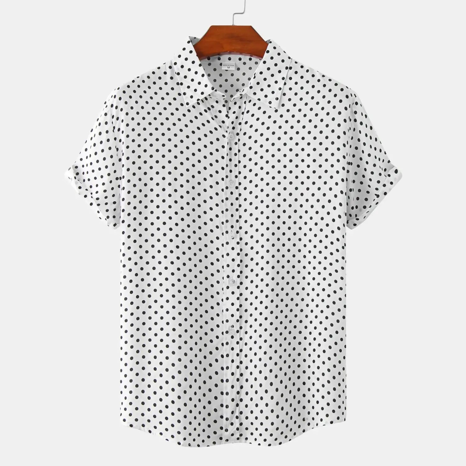 White short-sleeved men plus size button-up shirt made of lightweight fabric featuring black polka dots.