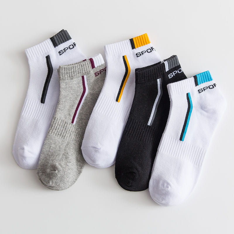 Men’s low cut athletic striped cotton socks 5 pack with white gray and black ankle socks featuring colorful striped accents and spor branding on the cuff.