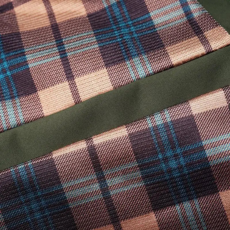 Mens outdoor fleece hooded jacket casual shell coat featuring plaid-patterned woven fabric in shades of brown, blue, and beige.