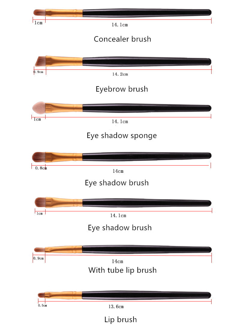 Set of six professional makeup brushes with black handles and gold ferrules included in the makeup brush set professional cosmetic brushes 20pc for concealer eyebrows eye shadow lip application and blending.