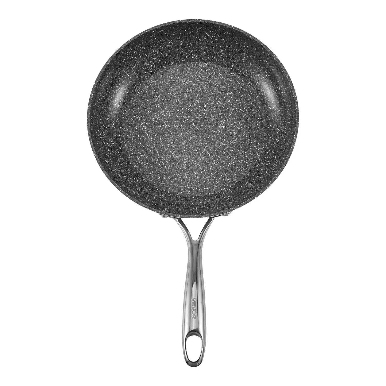Black speckled nonstick ceramic frying pan with stainless steel handle from a 3-piece nonstick frying pan set with handles.