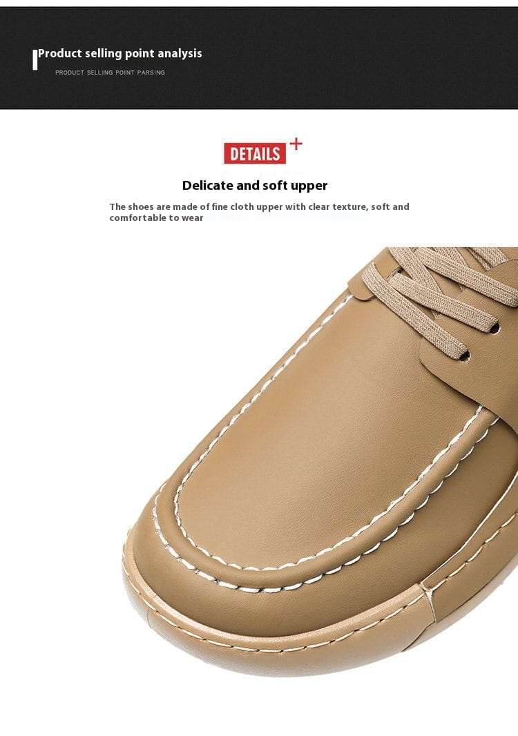 Chaussure en cuir style rétro britannique, élégance décontractée pour homme, marron, design à lacets, couture blanche, bout arrondi.