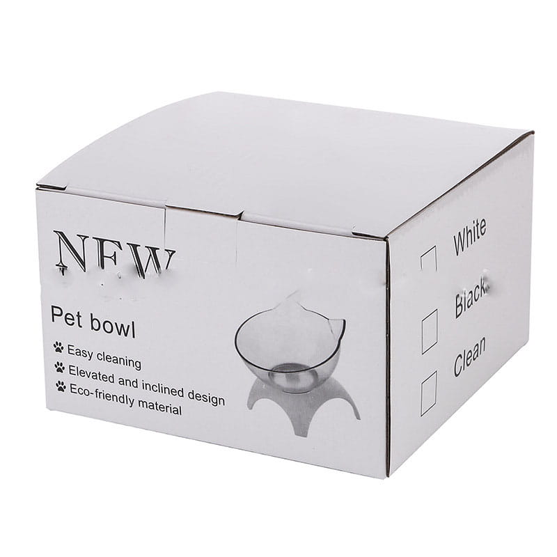 white cardboard box for an elevated cat bowl tilted 15 degree double feeder stand featuring black text and an illustration of the product.
