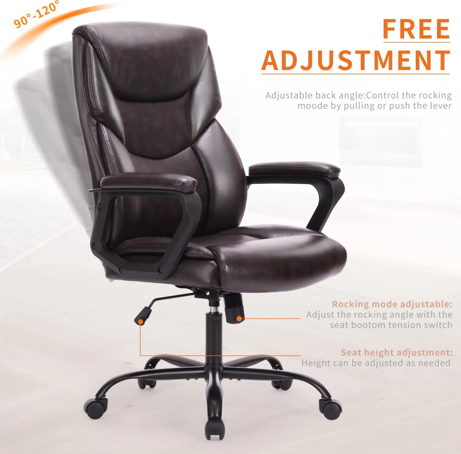 Silla de oficina ergonómica de polipiel color marrón oscuro con brazos abatibles, con respaldo ajustable en ángulo, altura del asiento y modo de balanceo para uso en oficina.