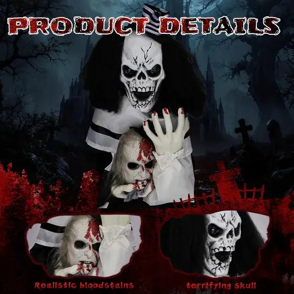 A white and black skull mask with a distressed horror-themed design featured on a scary clown halloween decoration that is sound activated and measures 1.8 feet.