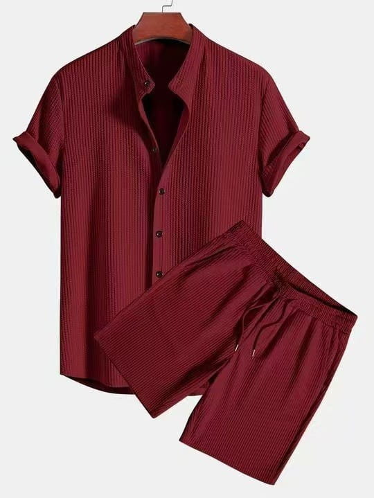 Mens pleated maroon ribbed cotton short sleeve button-up shirt and matching drawstring shorts set.