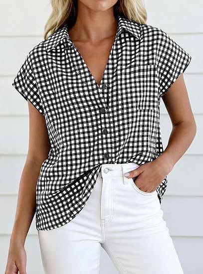Black and white gingham short-sleeved button-up blouse with collar and front knot detail.