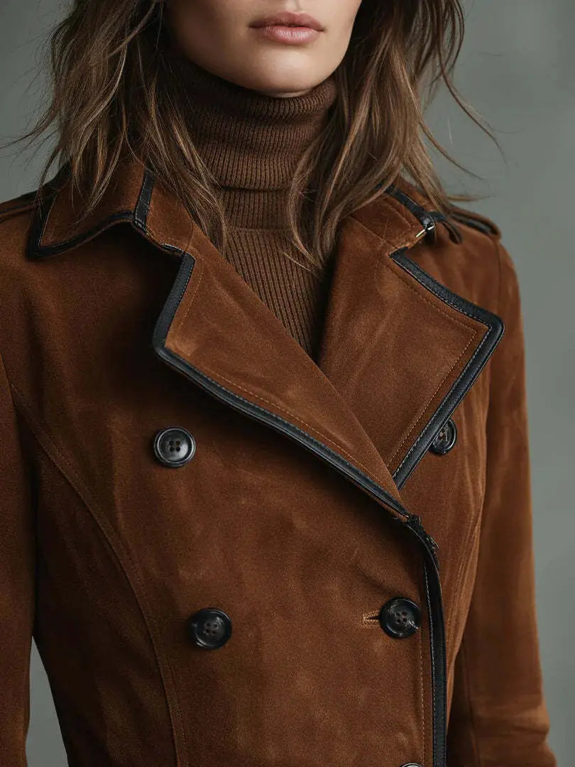 Damen-Suède-Trenchcoat in Braun mit Revers und langem Jackenstil, mit doppelreihiger Ausführung sowie schwarzem Lederbesatz und Knöpfen.