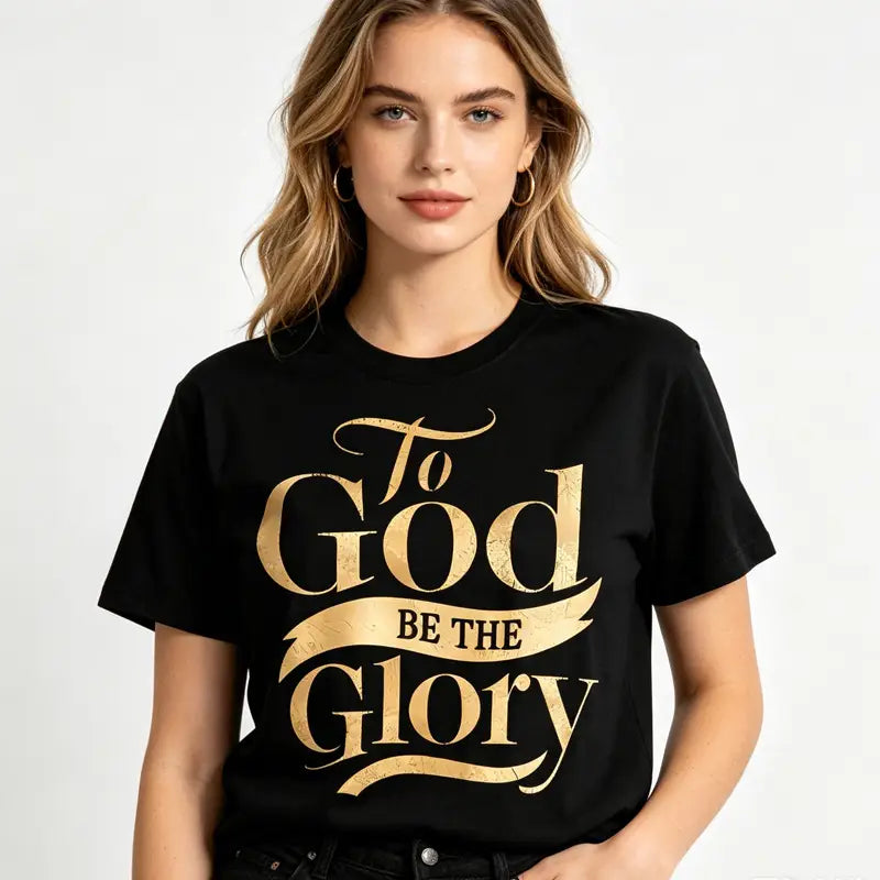 Camiseta negra de algodón con letras en pan de oro que dicen «To God be the Glory» en una tipografía elegante tipo caligrafía, titulada Camiseta con Estampado Dorado «To God be the Glory».