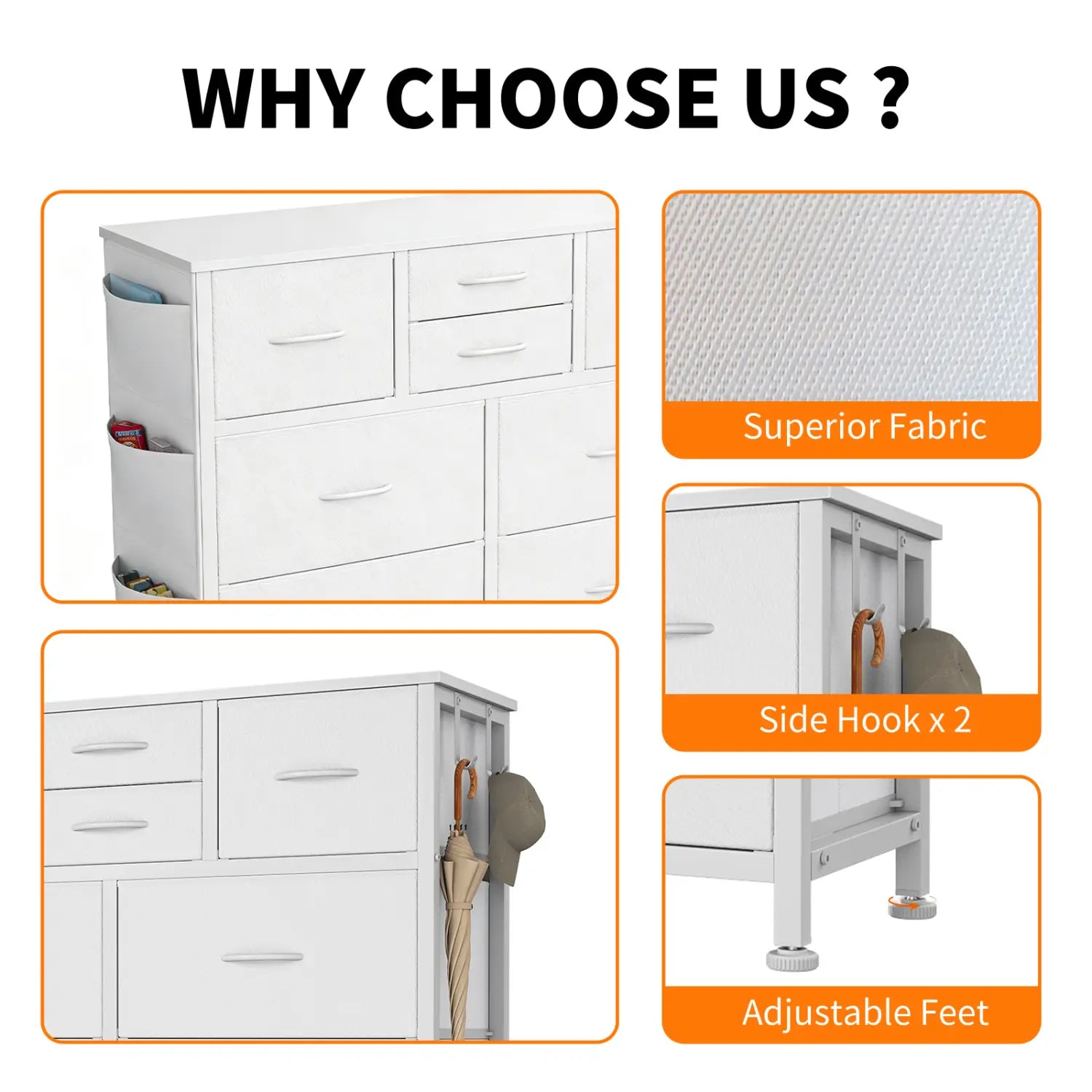 10-drawer Dresser with Side Pocket & Hooks Storage Cabinet with Wood Top for Bedroom Closet Organization