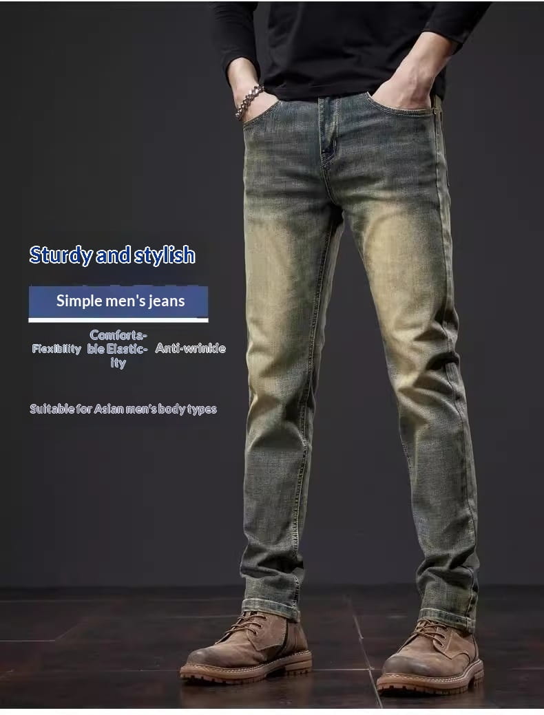 Men slim fit green denim jeans in dark wash with subtle fading along the thighs and a slim fit design.