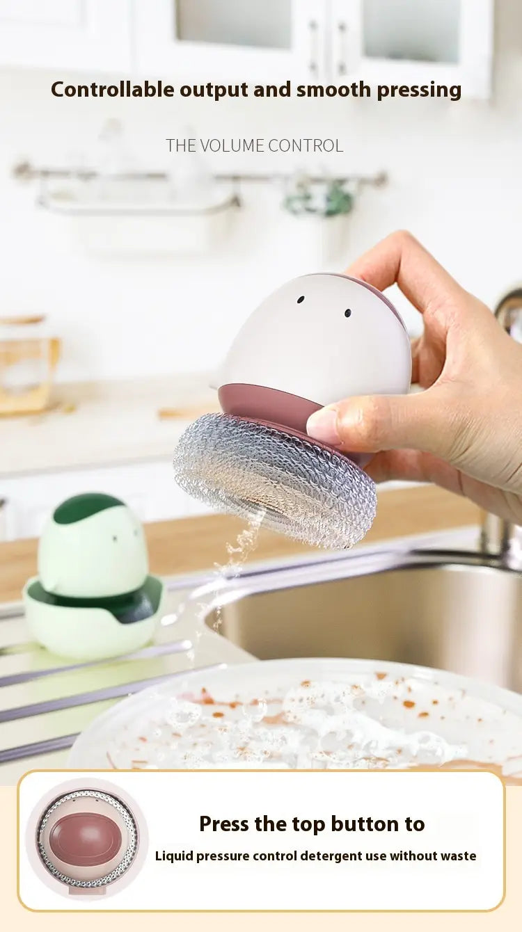 distributeur de savon à vaisselle en silicone en forme d’œuf blanc et mauve avec base métallique en fil d’acier pour la distribution automatique de savon liquide et le nettoyage de la vaisselle.