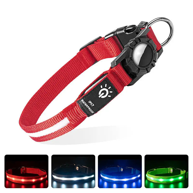 Collar para perros de nailon impermeable con LED rojo, con hebilla negra y panel de control diseñado para el seguimiento del Airtag.