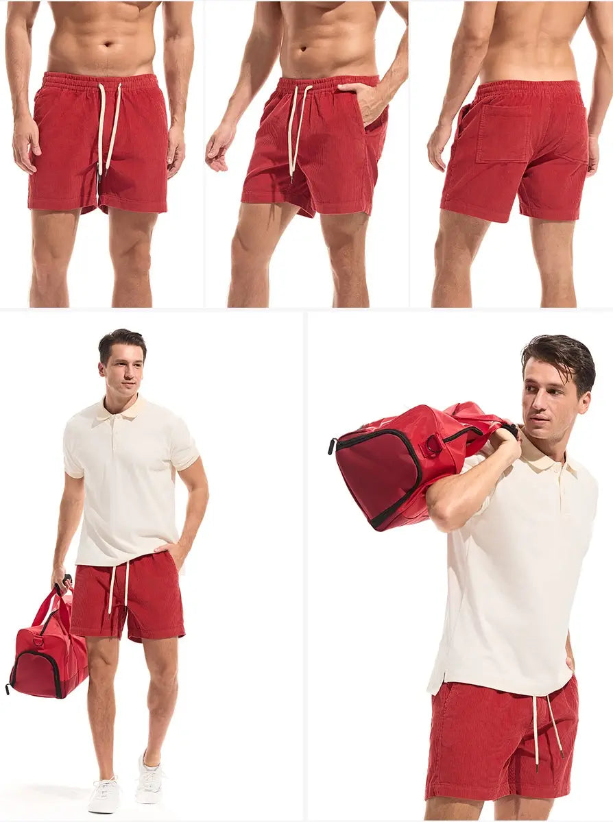 men cotton corduroy shorts casual summer drawstring in red with white drawstrings and side pockets.