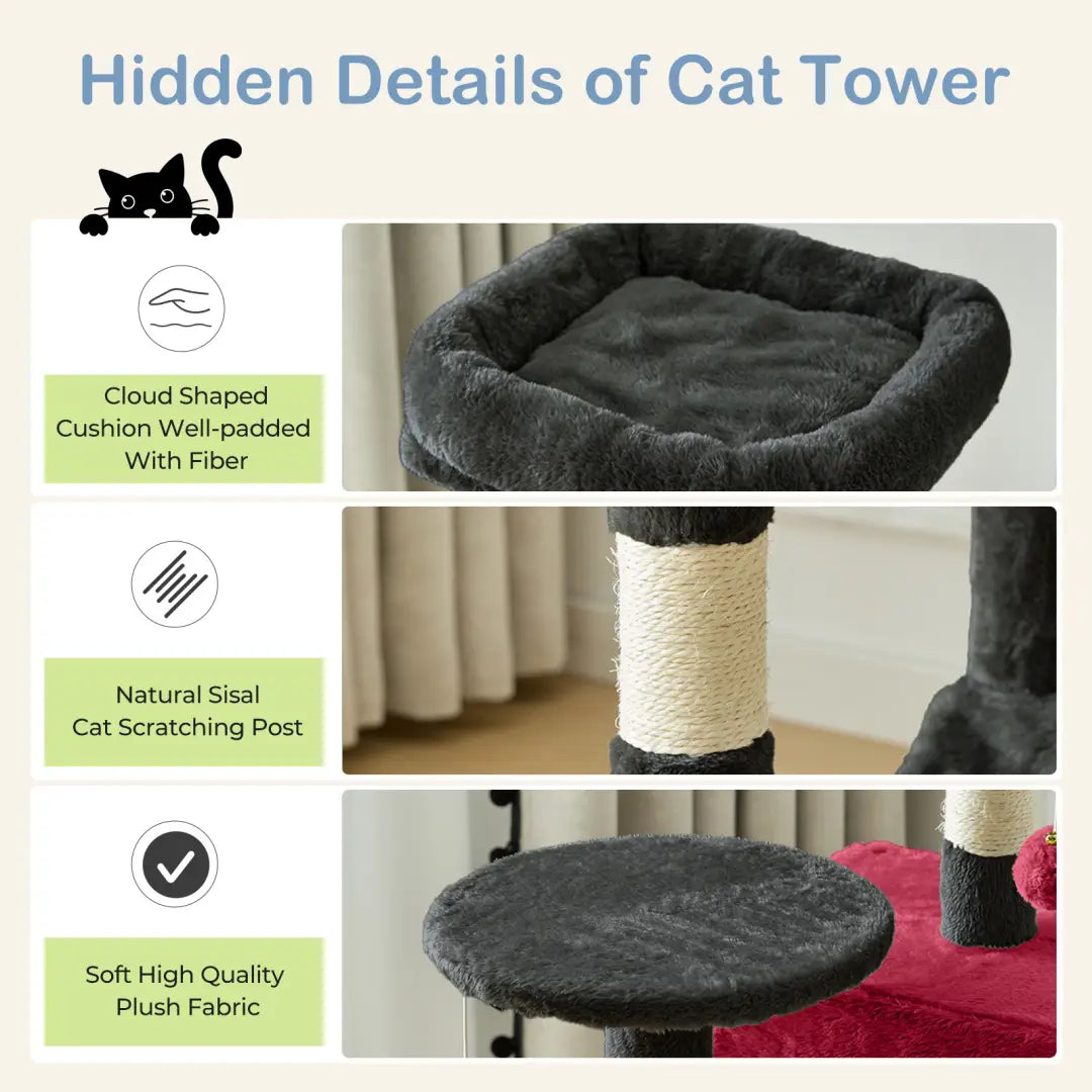 dark gray cloud-shaped cushion with plush fiber-filled padding attached to the 44 inch multi-level cat tree tower with sisal posts