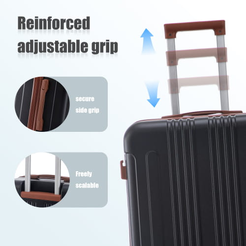 Black hard-shell abs spinner suitcase with brown reinforced adjustable handle and silver telescoping wheels from a 3 piece abs spinner luggage set with tsa lock.