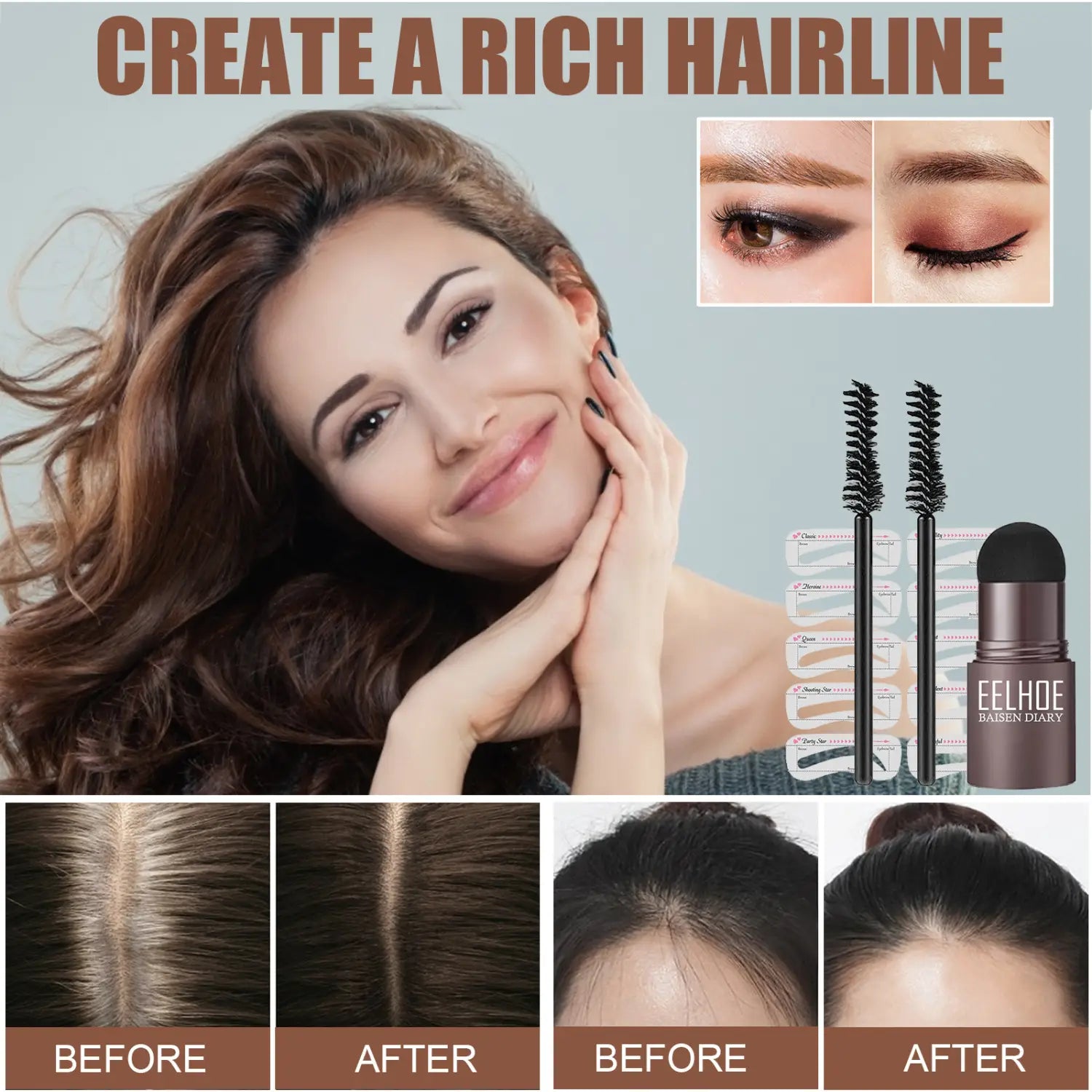 A sleek matte-finish brown eyebrow pencil with a black cap and the brand name eelhoe printed on its side from the eyebrow powder stencil kit with stamp and pencil.