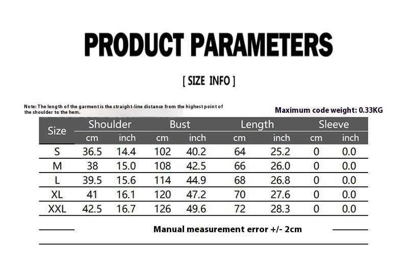 Tabla de parámetros del producto para chaleco de traje tipo sastre doble abotonado de espiga para hombre, que muestra medidas de talla tanto en centímetros como en pulgadas para contorno del pecho, longitud y dimensiones de las mangas.