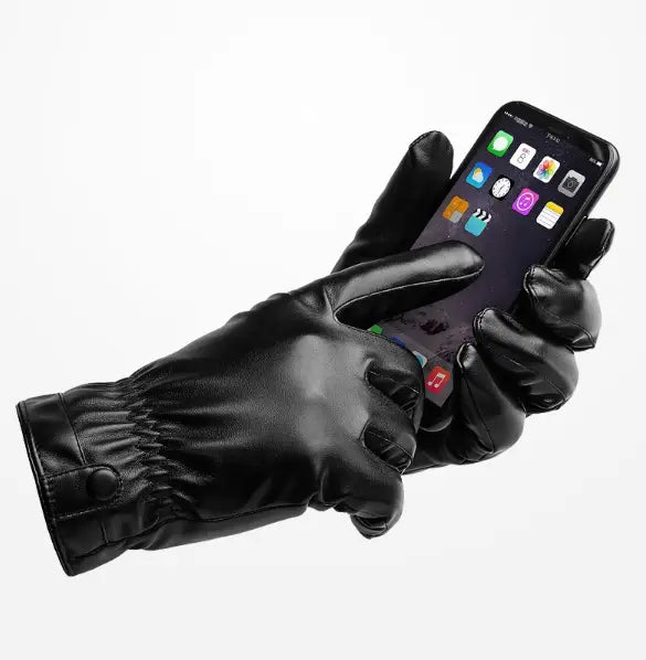 Mens black leather winter gloves with warm PU lining featuring a snug elasticated wristband and reinforced fingertips shown from the back side.