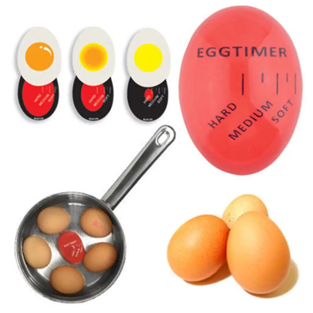 Roter eiförmiger Farbwechsel-Timer mit schwarzen Markierungen zur Anzeige von Stufen für weich, mittel und hartgekocht, für eine präzise Kochsteuerung.