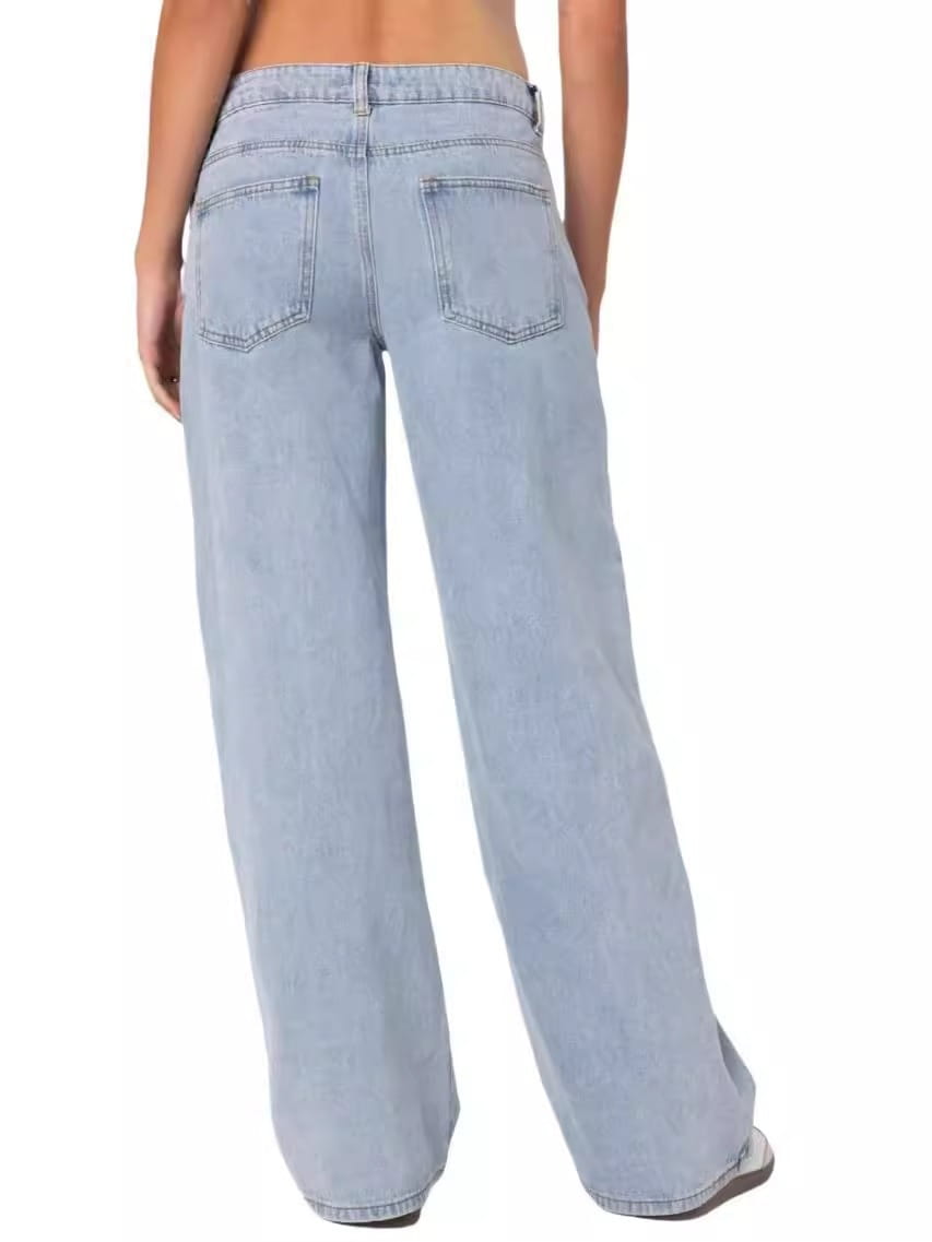 Light-wash high waist wide leg denim jeans shown from the back with classic back pockets.