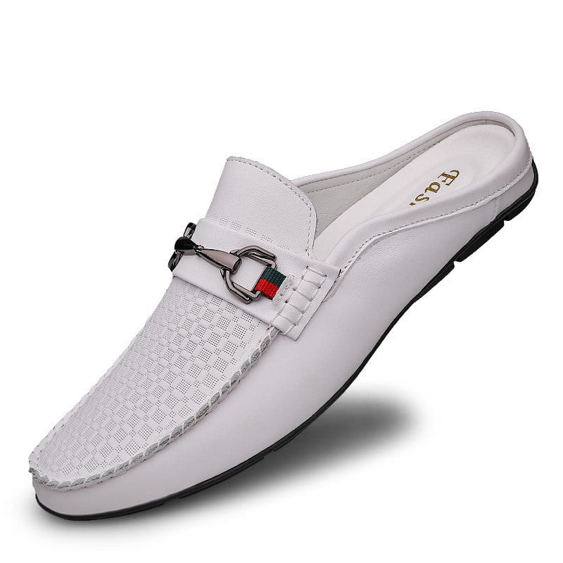 Men’s white leather slip-on moccasin with a textured upper and silver-toned metal buckle accent featuring red and green stripes.